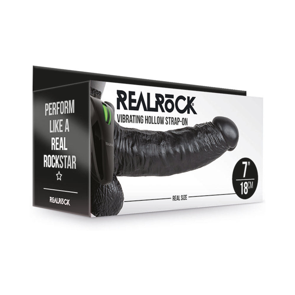 RealRock Realistic 7 in. Vibrating Hollow Strap-On With Balls Black